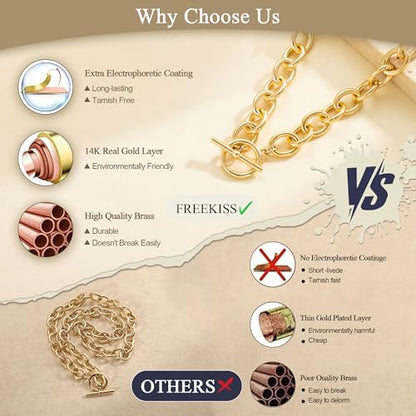 Freekiss 3-Piece Layered Toggle Necklace for Women | Gold/Silver necklace set with herringbone, rope, and paperclip chains plus a toggle clasp for layering, parties, and gifts - color: Toggle Style1 Gold