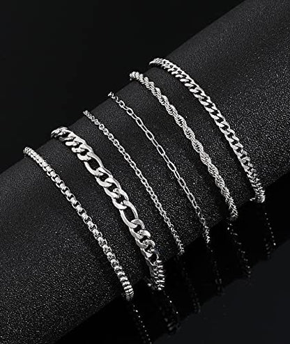 Honsny 6PCS Stainless Steel Bracelets for Women Men,14K Gold Plated Cuban Link Paperclip Chain Bracelet Dainty 6.3/7/7.8/9.5 Inch Stainless Steel Bracelet Set Fashion Jewelry - color: Silver, size: 7 Inches