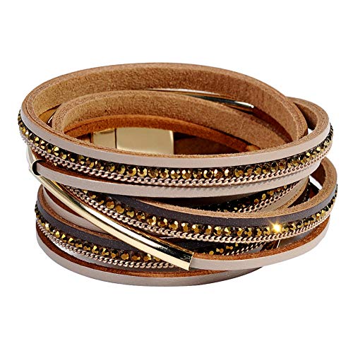 Artilady Leather Wrap Bracelet for Women, Pearl Beaded Bangle Stack Jewelry | Easy on-off, Elegant Handmade Multi-Layered, Daily Casual Date Beach Vacation, Gift for Ladies, Mother, Sister & Friend - style: Dark Brown with Gold ba