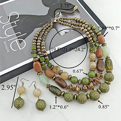 Bocar 3 Layer Chunky Statement Beaded Necklace and Earrings Set, Fashion Multi Layer Women Collar Necklace Jewelry Set - color: Olive
