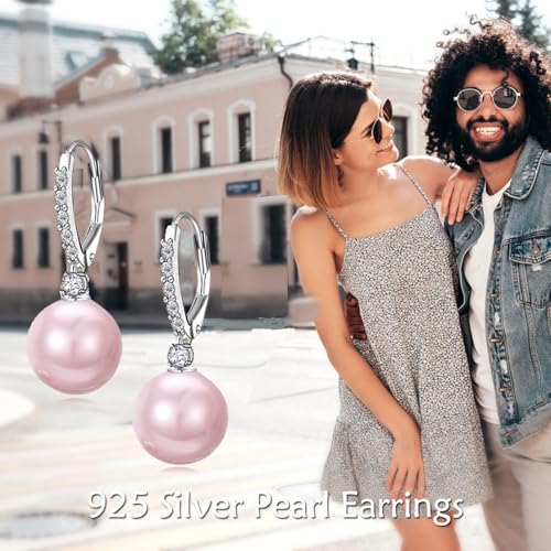 TIGER RIDER Pearl Earrings 925 Sterling Silver Leverback Hypoallergenic Drop Earring Jewelry for Women Birthday Gifts - style: Pink Pearl 3
