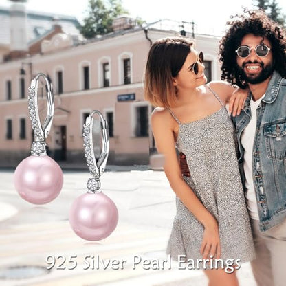 TIGER RIDER Pearl Earrings 925 Sterling Silver Leverback Hypoallergenic Drop Earring Jewelry for Women Birthday Gifts - style: Pink Pearl 3