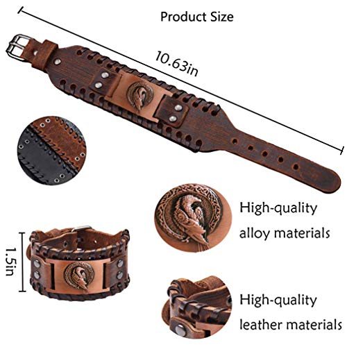 GelConnie Viking Bracelet Punk Leather Cuff Bracelet Gothic Leather Wristband Bracelet with Nordic Amulet Scandinavian Talisman Celtic Pagan Jewelry - color: Black Bird