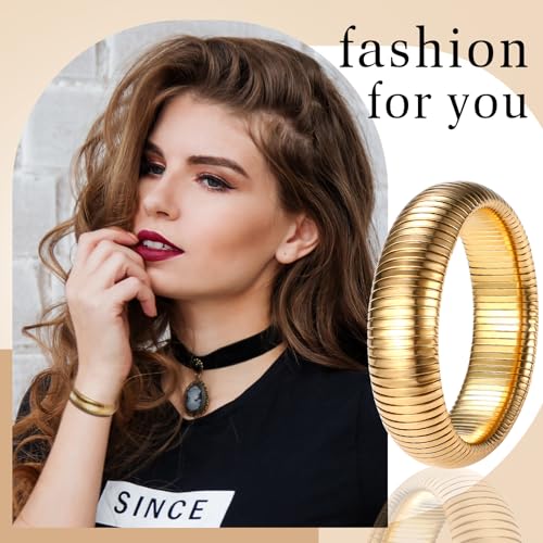 NMQLX Women's Elastic Bangle Bracelets: Stainless Steel Gold Chunky Wristband Bracelets - color: Gold - 20mm