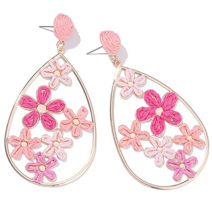 Boho Raffia Flower Teardrop Earrings Cute Colorful Dangle Trendy Jewelry | Floral Drop Statement Big Dangling Earring Hypoallergenic Gold Fun Unique Summer Spring Beach Vacation Outfits for Women - color: Pink