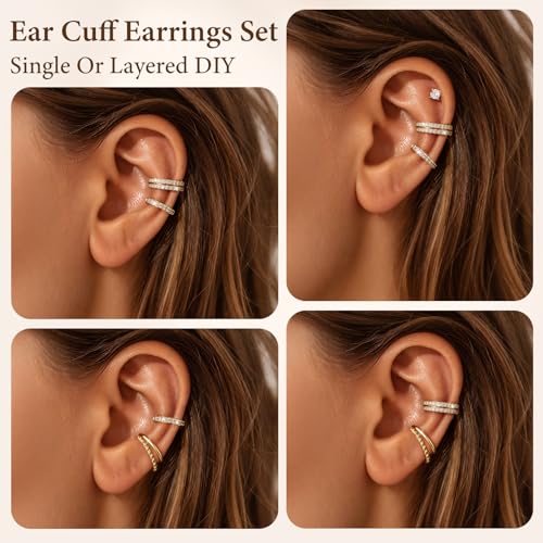 4PCS 14K Gold Plated Ear Cuffs, Ears Clip On Earrings for Women | Adjustable Non Piercing Ears Clip Design, Sparkling Cubic Zirconia, Stackable Single Wear, Gift Box For All Occasions - color: GOLD