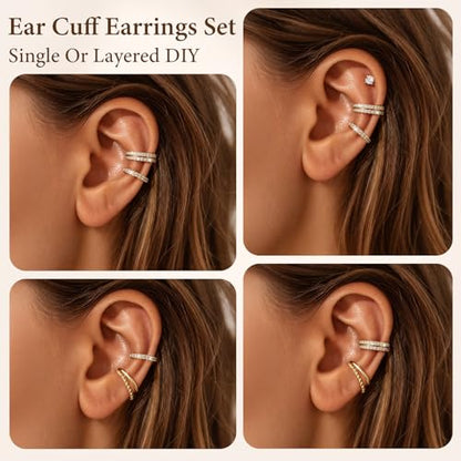 4PCS 14K Gold Plated Ear Cuffs, Ears Clip On Earrings for Women | Adjustable Non Piercing Ears Clip Design, Sparkling Cubic Zirconia, Stackable Single Wear, Gift Box For All Occasions - color: GOLD
