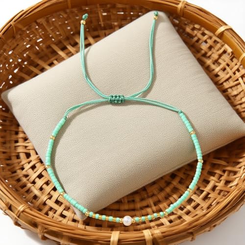 Boho Colorful Glass Gold Plated Seed Beaded Bracelets or Women, Handmade Romantic Freshwater Pearl Adjustable String Braided Rope Jewelry, Summer Beach Daily Party Friendship Gift - color: Green