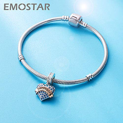 EMOSTAR Jan-Dec Birthstone Charms fits European Birthday Bracelet, Dangle 925 Sterling Silver Heart Shaped Pendant with 12 Months Birthstones, Gifts for Mom/Women - color: December Birthstone