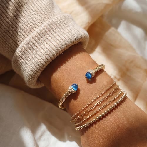 Fettero Gold Cuff Bangle Bracelets for Women - Adjustable Open Cuff Bangles 14K Gold Plated Charm Twisted Cable Bangle Bracelet for Mom Dainty Jewelry Gift - color: Blue