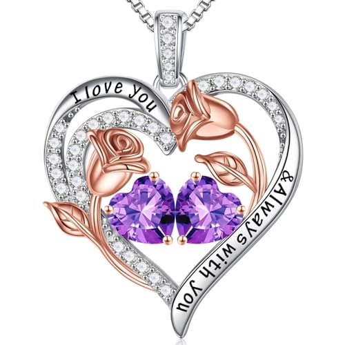 Iefil Birthstone Necklace for Women - Rose Heart Necklace | 925 Sterling Silver, Gift Box Packaging, Anniversary Birthday Gifts for Wife Mom Daughter - color: 02-02-Feb-Feb Birthstone