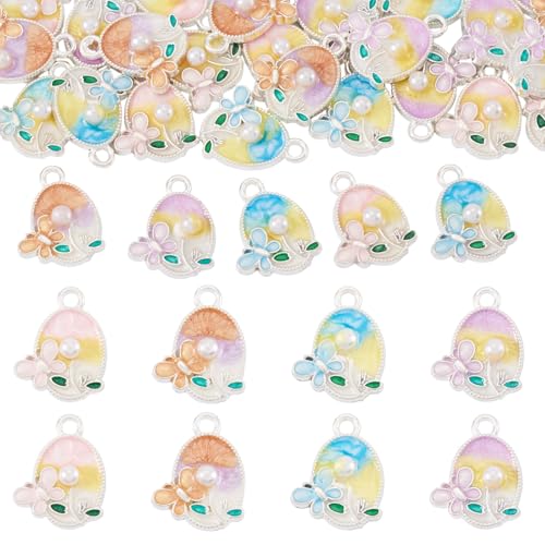 32Pcs Alloy Enamel Flower Charms Silver Gold Plated Oil Painting Pendants with Pearl Bead Vintage Oval with Butterfly Floral Charms for Bracelet Necklace Earring - color: Silver Plated, Oval with Butterfly