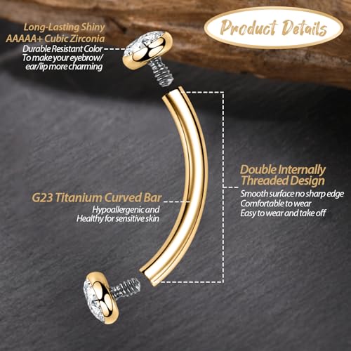 GAGABODY G23 Titanium Eyebrow Piercing Jewelry Curved Barbell Lip Ring | Internal Thread Used in Eyebrow,Belly,Rook 16 Gauge from 6mm to 12mm Lightweight Daily for Woman and Man Sensitive Skin - color: 1Pc-Disc Shape Gold+Clear CZ, size: 16G-10mm