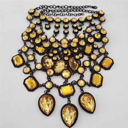 925 Sterling Silver Bib Jewelry Sets For Women - ZA Indian Ethnic Round Water Drop Crystal Tassel Necklace Earrings Jewelry Sets Statement Large, Chunky Rhinestone Necklace - color: Yellow - Bib Necklace