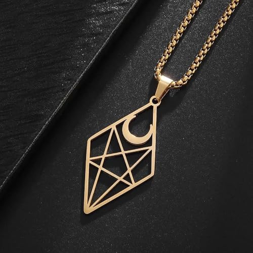 Stainless Steel Inverted Five-Pointed Star and Moon Pendant Necklace Men Women Gothic Pagan Satanic Magic Jewelry - color: golden