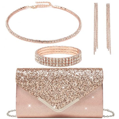 YYW 4 Pieces Women Evening Handbags Clutch Purse Bag with Rhinestone Crystal Jewelry Set for Wedding Party - color: Champagne
