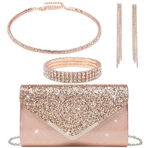 YYW 4 Pieces Women Evening Handbags Clutch Purse Bag with Rhinestone Crystal Jewelry Set for Wedding Party - color: Champagne