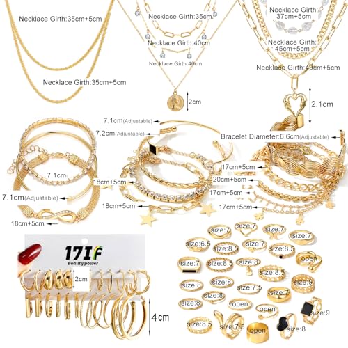 17IF 38-59 Pcs(9-8 Pack) Gold Plated Jewelry Set for Women With 8 Necklace 12 Bracelet 27 Ring 12 Pair Earring Hoop Simple Sparkle for Happy - style: Golden-38Pcs