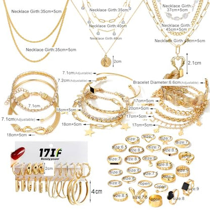 17IF 38-59 Pcs(9-8 Pack) Gold Plated Jewelry Set for Women With 8 Necklace 12 Bracelet 27 Ring 12 Pair Earring Hoop Simple Sparkle for Happy - style: Golden-38Pcs