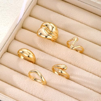 Chunky Rings for Women Non Tarnish 14k Stackable Dome Statement Rings Sets Vintage Dainty Knuckle Open Midi Finger Rings Jewelry Pack Gifts - style: 5PCS