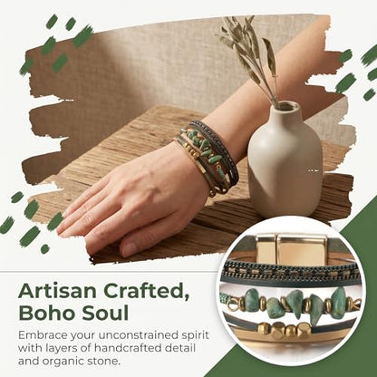 Wrap Bracelets for Women PU Leather Multi-Layer Boho Bracelet with Clasp Handmade Irregular Beads Cuff Bangle Stackable Jewelry Gift - color: Green