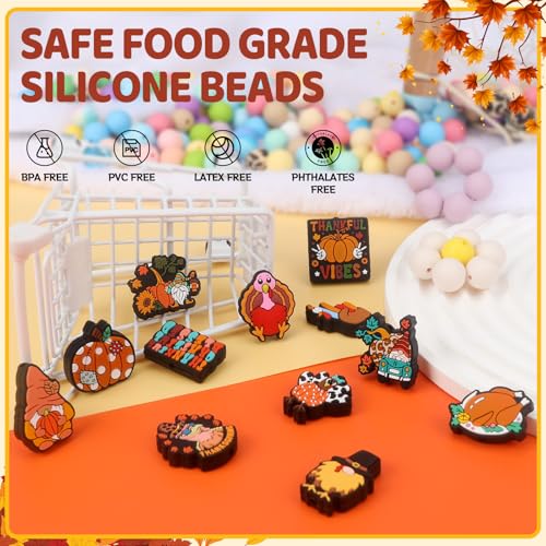 12pcs Thanksgiving Day Silicone Focal Beads for Pens | Focal Beads for Keychain Making, Pens, Bracelet,Necklace Crafts,Bulk Silicone Beads for DIY（Thanksgiving Day） - color: Thanksgiving Day