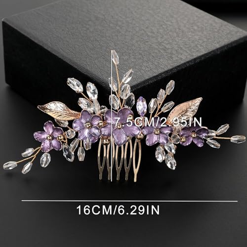 Flower Leaf Design Wedding Hair Comb, Metal Bridal Hair Accessory with Rhinestone, Wedding Prom Hair Clip Headpiece for Women (Gold Purple Flower) - color: Gold Purple Flower
