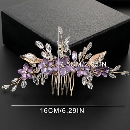 Flower Leaf Design Wedding Hair Comb, Metal Bridal Hair Accessory with Rhinestone, Wedding Prom Hair Clip Headpiece for Women (Gold Purple Flower) - color: Gold Purple Flower