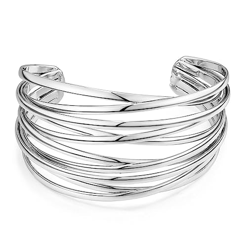 Gold Cuff Bracelet for Women Chunky Multi-layer Cross Wire Open Bracelet Hollow Wide Cuff Bracelets Adjustable Gold Open Cuff Bangle Bracelet - color: Wide Wire Silver Bracelet