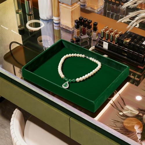 Flat Velvet Jewelry Display Tray for Dresser & Retail Green | No Compartment Design, Large Open Space, Stackable, For Ring Necklace Bracelet Watch Earring Bangle - size: 1 Grid