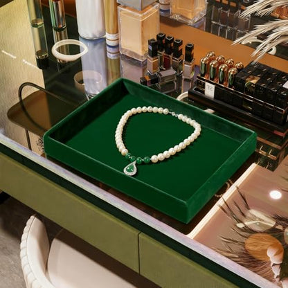 Flat Velvet Jewelry Display Tray for Dresser & Retail Green | No Compartment Design, Large Open Space, Stackable, For Ring Necklace Bracelet Watch Earring Bangle - size: 1 Grid