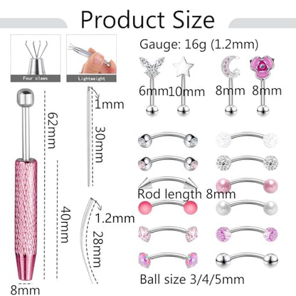 Eyebrow Rook Piercing Jewelry with Tools Barbell Eyebrow Rings | 16G Stainless Surgical Steel Rook Earrings Vertical Labret Lip Surface Tragus Frog Eyes Piercing Jewelry - style: 19A