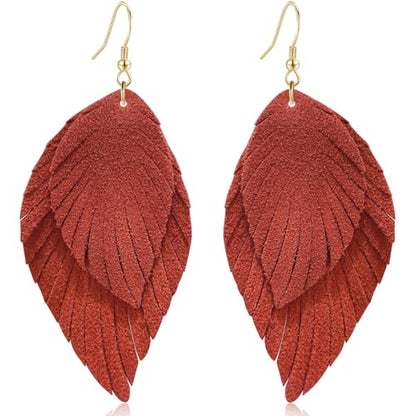 Genuine Leather Handmade Fringe Feather Lightweight Dangle Drop Earrings Teardrop Tassel Hook Earrings for Women - style: 12 Deep Orange