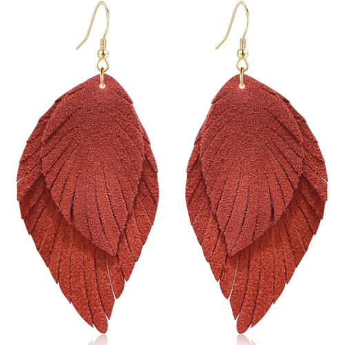Genuine Leather Handmade Fringe Feather Lightweight Dangle Drop Earrings Teardrop Tassel Hook Earrings for Women - style: 12 Deep Orange