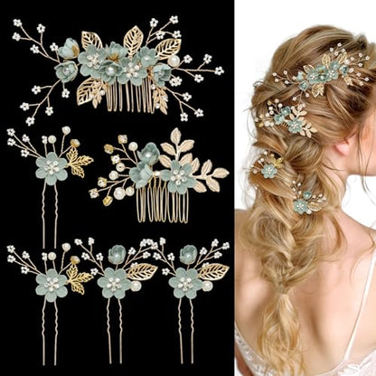6 Pcs Bridal Hair Accessories French Hair Side Combs and Hair Pins,Gold Wedding Jewelry Headpiece with Rhinestone for Brides Bridesmaids Women Girls(Green Flower） - color: Green