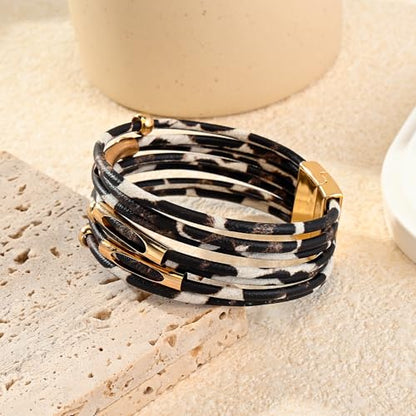 Wrapped Bracelets for Women,Leather Boho Bracelets for Women - color: Leopardprint-White