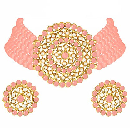 Aheli Pearl Diamond Choker Necklace & Round Earrings Gift for Women Indian Traditional Bollywood Fashion Bharatanatyam jewellery set - color: Peach