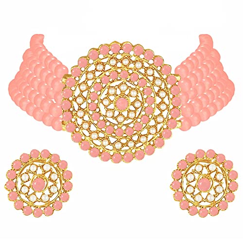 Aheli Pearl Diamond Choker Necklace & Round Earrings Gift for Women Indian Traditional Bollywood Fashion Bharatanatyam jewellery set - color: Peach