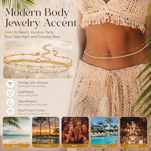 Gold Waist Chain for Women Gold Plated Belly Belt Body Jewelry with Waist Beads Dainty Beach Accessory for Bathing Suit Dance Festival and Rave Outfits