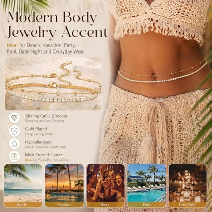 Gold Waist Chain for Women Gold Plated Belly Belt Body Jewelry with Waist Beads Dainty Beach Accessory for Bathing Suit Dance Festival and Rave Outfits