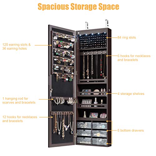 CHARMAID Jewelry Cabinet Armoire, Wall Mount Door Hanging, Lockable Jewelry Organizer with 47.5'' Full Length Mirror, 5 Lights, Large Jewelry Storage Box with 6 Acrylic Drawers (Brown)