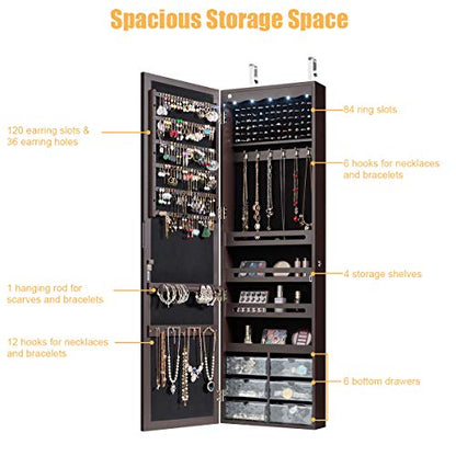 CHARMAID Jewelry Cabinet Armoire, Wall Mount Door Hanging, Lockable Jewelry Organizer with 47.5'' Full Length Mirror, 5 Lights, Large Jewelry Storage Box with 6 Acrylic Drawers (Brown)