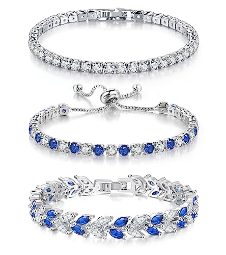 GEMOSA 3 Pcs Tennis Bracelets for Women Silver Gold Bule CZ Braclet Set | Marquise Cubic Zirconia CZ Diamond, Dainty Adjustable Silver Gold Bule Bracelets, for Women Brides, Stackable Fashion Jewelry - color: Silver-Bule CZ