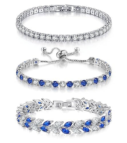GEMOSA 3 Pcs Tennis Bracelets for Women Silver Gold Bule CZ Braclet Set | Marquise Cubic Zirconia CZ Diamond, Dainty Adjustable Silver Gold Bule Bracelets, for Women Brides, Stackable Fashion Jewelry - color: Silver-Bule CZ