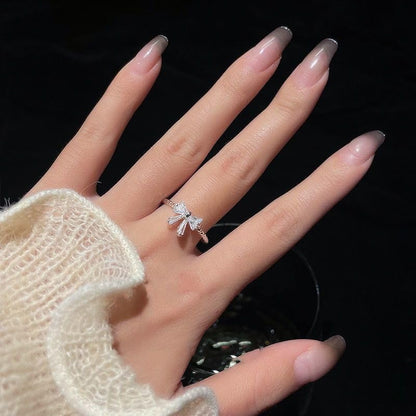 2Pcs Bow Rings for Women Elegant Sweet Coquette Ribbon Bowknot Rings Silver Dainty Crystal Bow Rings Minimalist Cute Statement Ring Adjustable Open Ring Trendy Christmas Birthday Jewelry Gift
