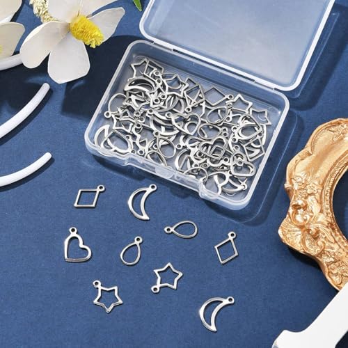 8-64Pcs Silver Goldern Color Heart Pendants Charms 10 Styles Heart Stainless Steel Metal Charms for Jewelry Making Crafting Necklaces Bracelets Earrings Keychains Birthday Gift - color: Silver 5 Shapes-60 pcs