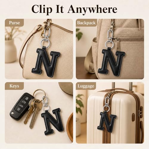 Initial Letter Keychain,Stainless Steel,Colorful Faux Leather Keyring for Backpack,Purse,Car Keys,Gift for Men Women - color: N