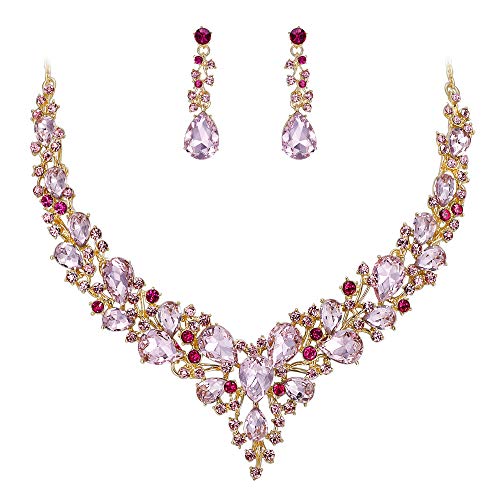 Women's Wedding Statement Necklace Dangle Earring Jewelry | Austrian Crystal Teardrop Cluster,Necklaces Earrings Set for Bride Bridesmaid,Prom Accessories - color: 20-Pink Gold-Plated-Base