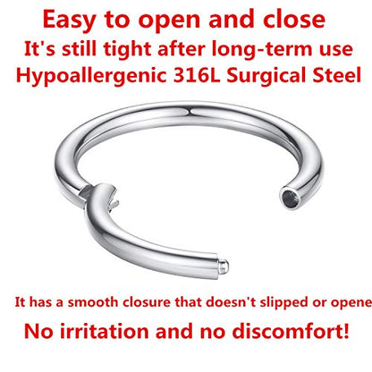 ORANGELOVE Hypoallergenic Nose Rings 20G 18G 16G 14G 12G 10G 8G 316l Surgical Steel Septum Jewelry Hinged Segment Ring Body Piercing Nose Hoop Lip Rings Nose Helix Cartilage Rook Earrings - color: Silver, size: 1pc 10 Gauge 14mm