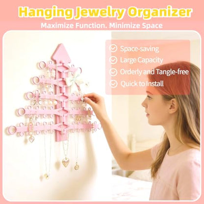 5-Tier Hanging Jewelry Organizer, Wall Mounted Earring Necklace Holder with Multiple Hooks, Space-Saving Display Rack for Earrings Necklaces Bracelets Rings (Pink)